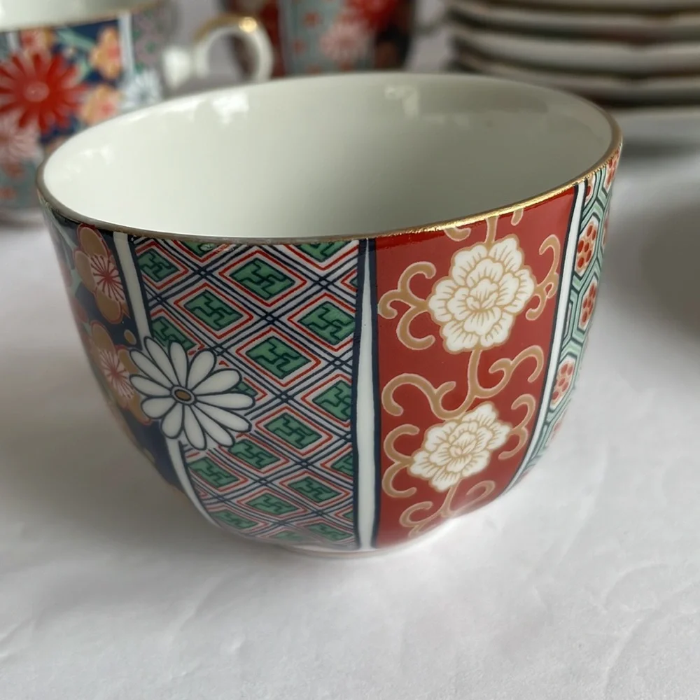 Arita Imari Fan 7 cups six saucers vintage